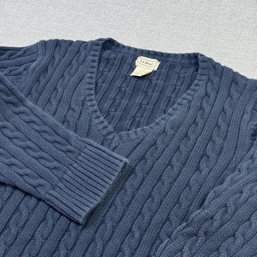 L.L. Bean Cable-Knit Sweater Womens Large Blue V-Neck Pullover Cotton